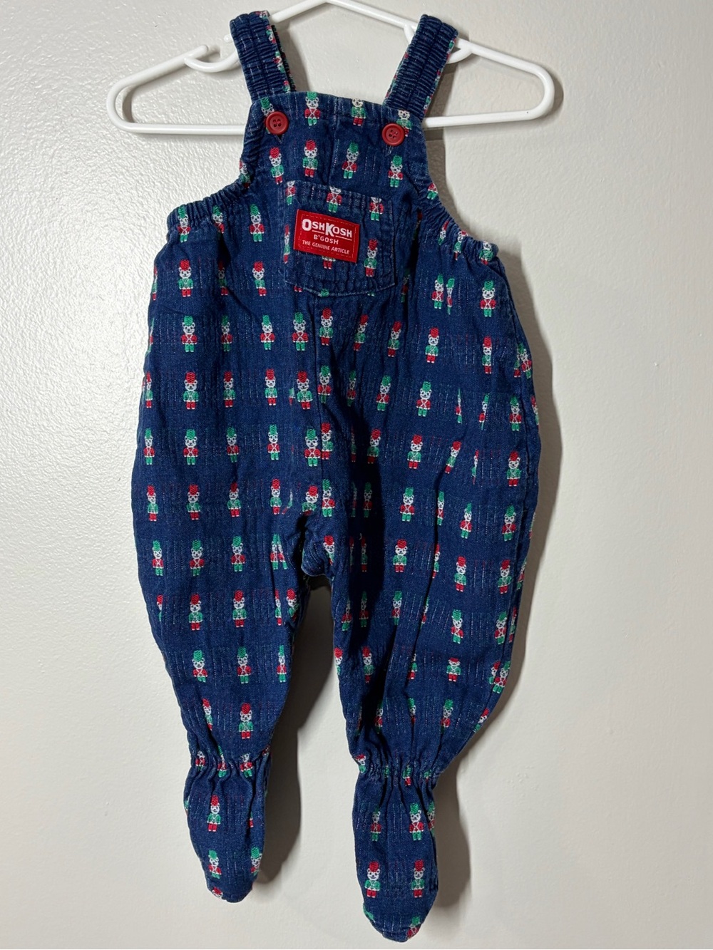 Vintage OshKosh B'gosh Navy Blue Allover Toy Print Footed Overalls 6-9 months